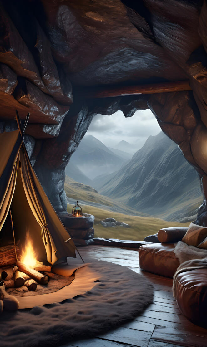 cozy tent in cleft of mountain