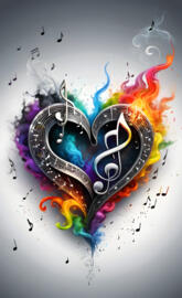heart, music notes, rainbow flames