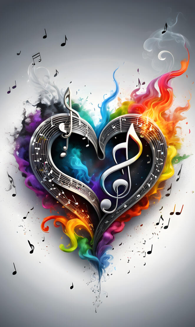heart, music notes, rainbow flames