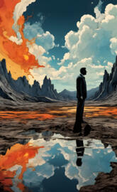 a person standing in a body of water with a large explosion in the