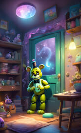 a room with a door and shelves with toys