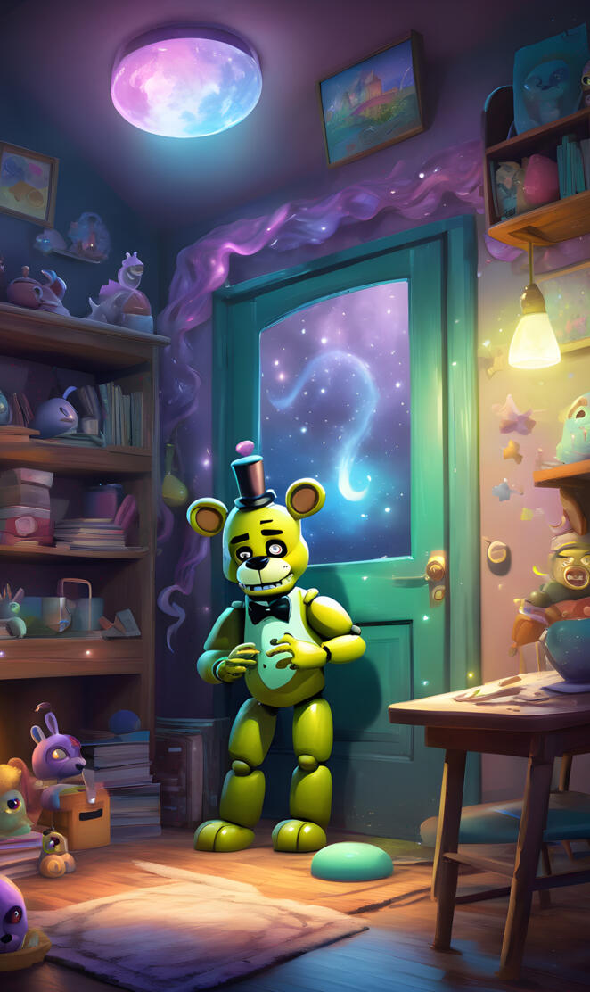 a room with a door and shelves with toys