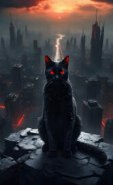 a black cat with red eyes on top of a building above the city
