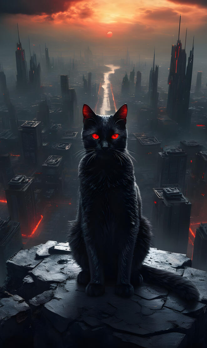 a black cat with red eyes on top of a building above the city