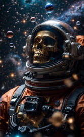 An astronaut turned into a skull floats in the abyss of space