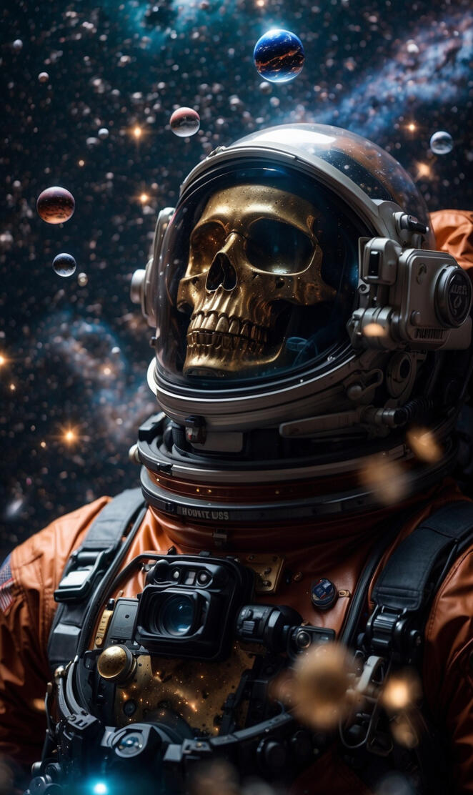 An astronaut turned into a skull floats in the abyss of space