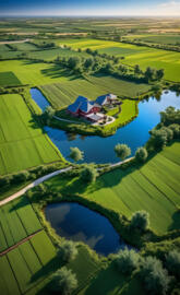 a house surrounded by water and farms