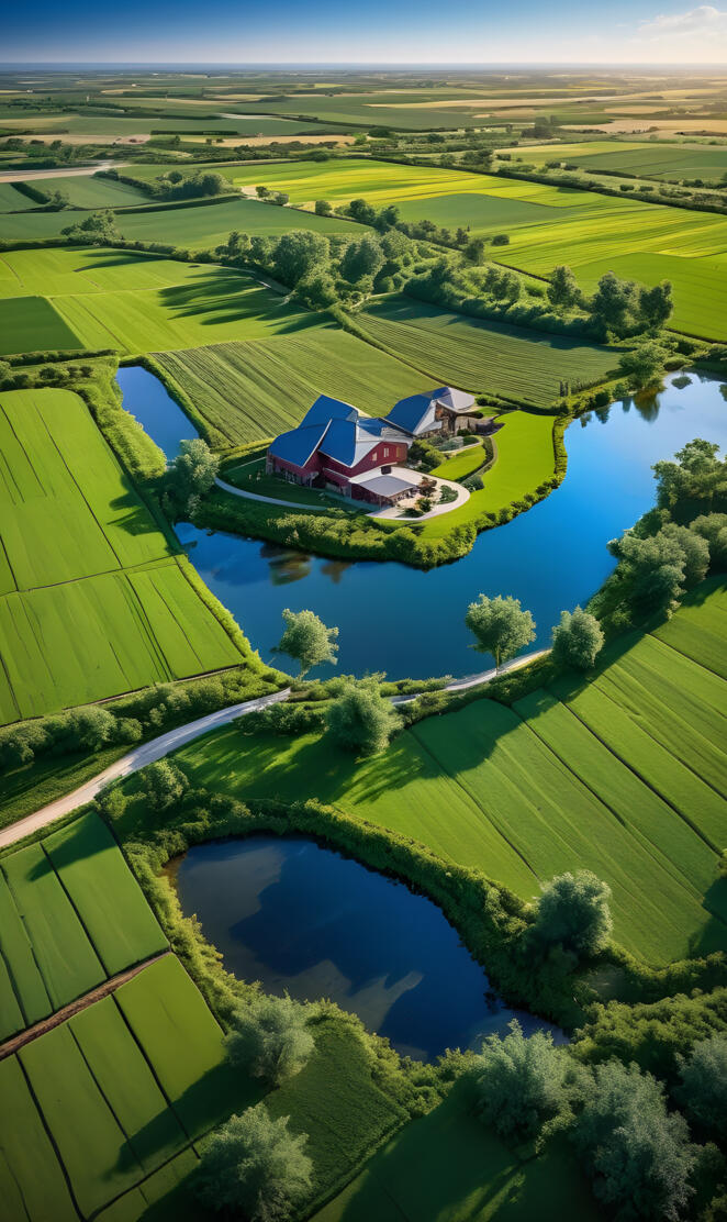 a house surrounded by water and farms
