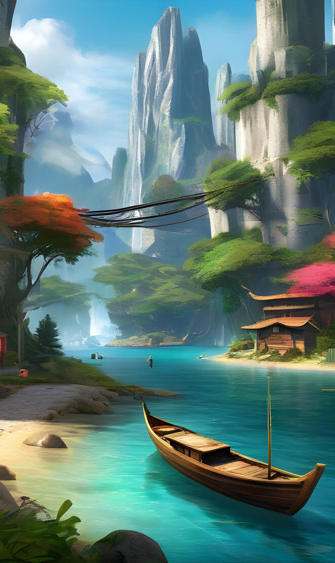 a painting of a waterfall and a boat in a body of water