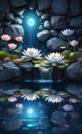 lotus pond, stone arch, waterfall, moon
