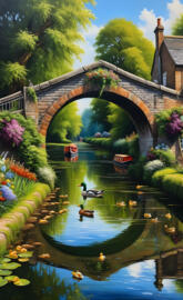 a bridge over a pond with ducks