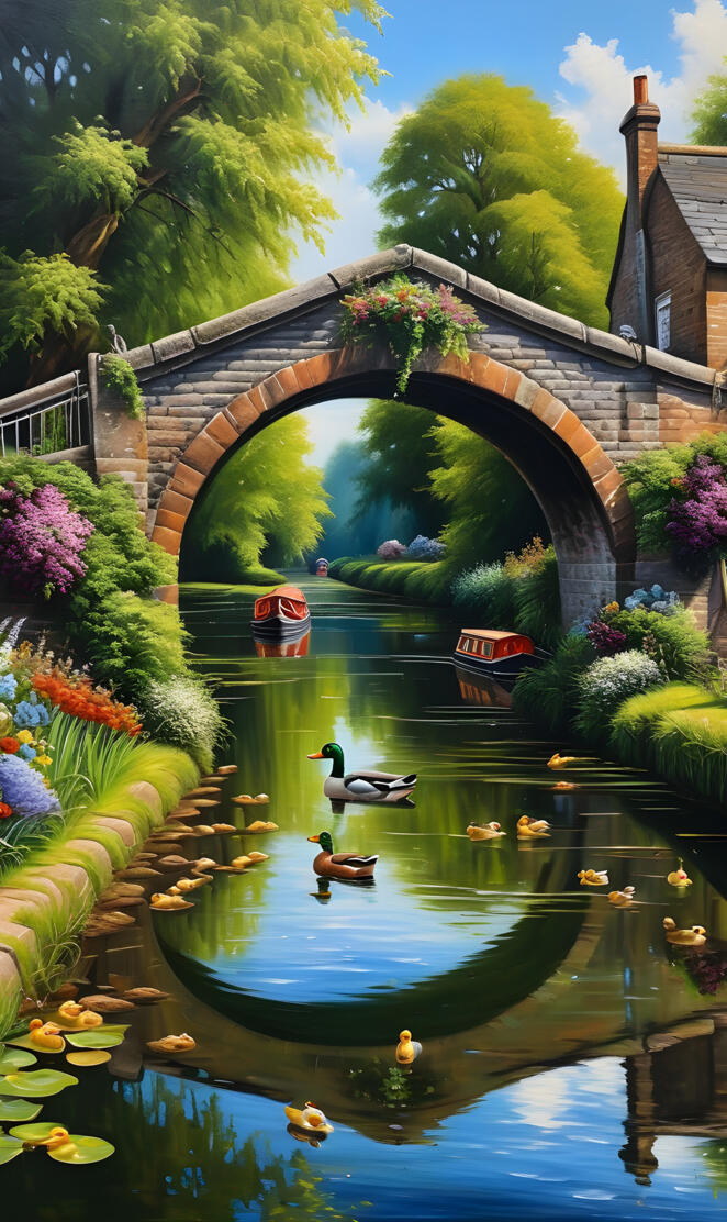 a bridge over a pond with ducks