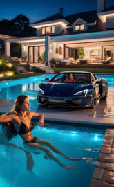 a woman in a garment in a swimming pool next to a car