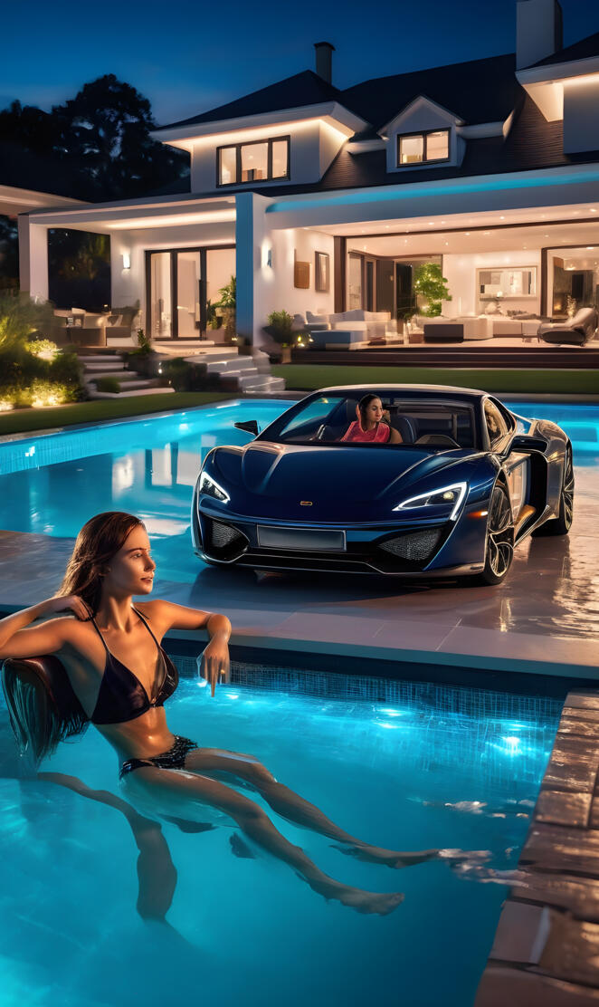 a woman in a garment in a swimming pool next to a car