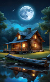 a house with a lake in the front and the moon in the sky