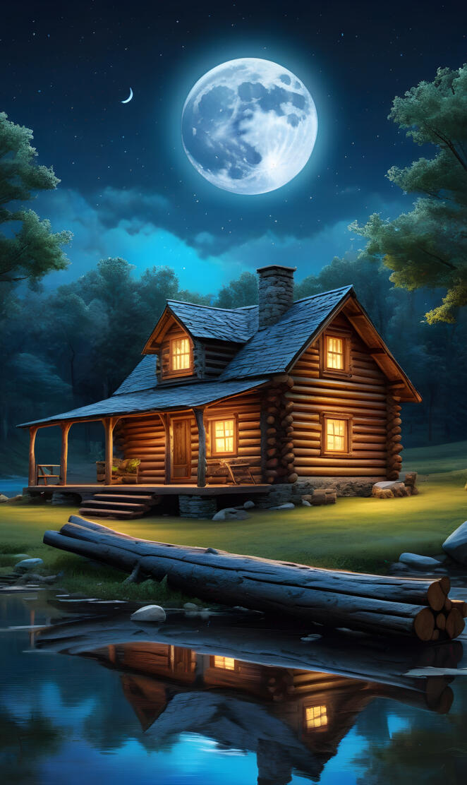 a house with a lake in the front and the moon in the sky