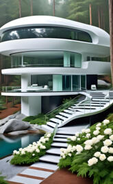 a building with a staircase and plants