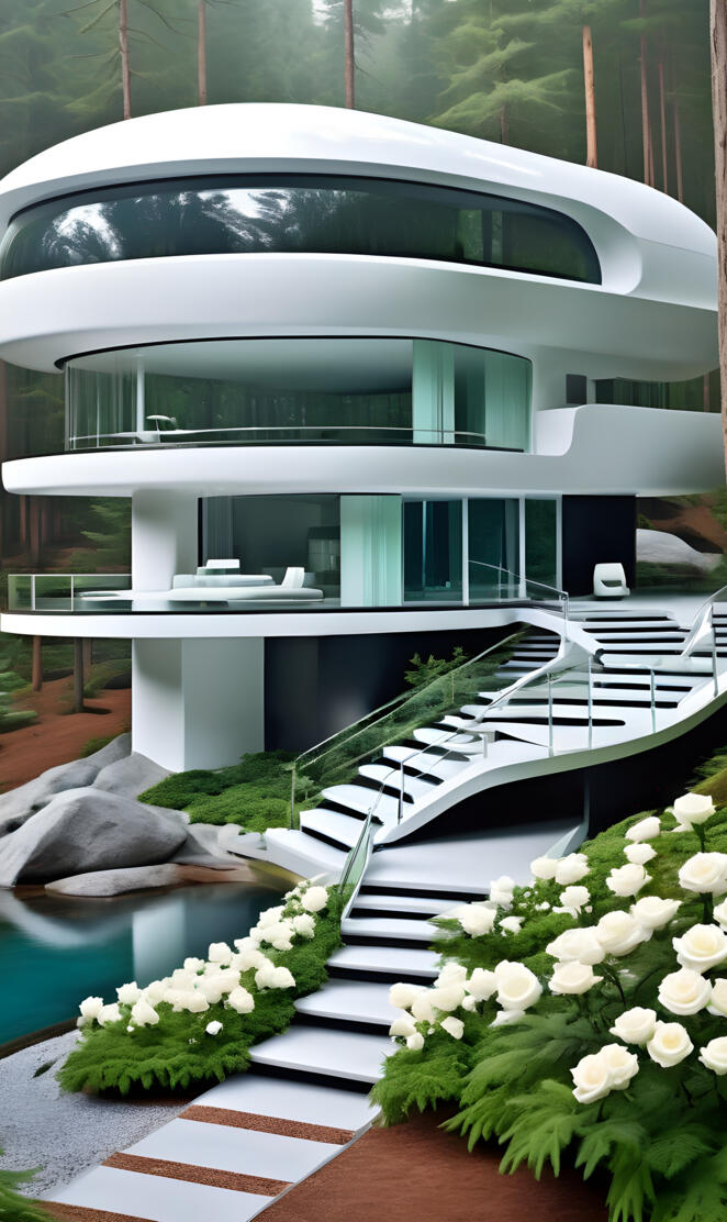 a building with a staircase and plants