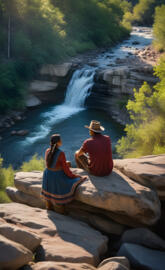 native American couple on cliff