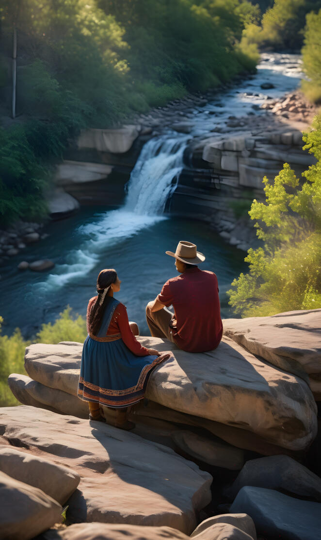 native American couple on cliff