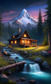 a house with a stream and mountains in the background
