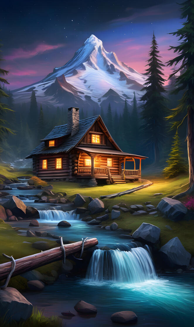 a house with a stream and mountains in the background