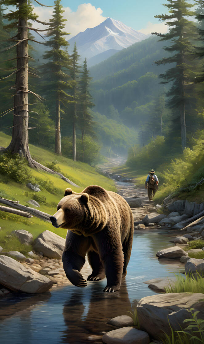 A mountain man and a pet grizzly bear