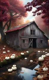 old wooden barn creek white pumpkins.