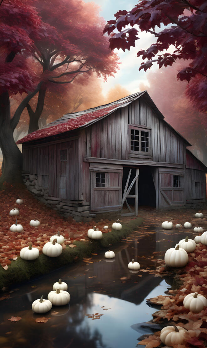 old wooden barn creek white pumpkins.