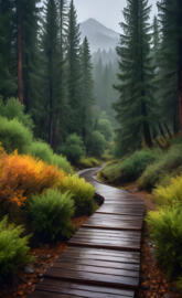 a wooden bridge over a forest