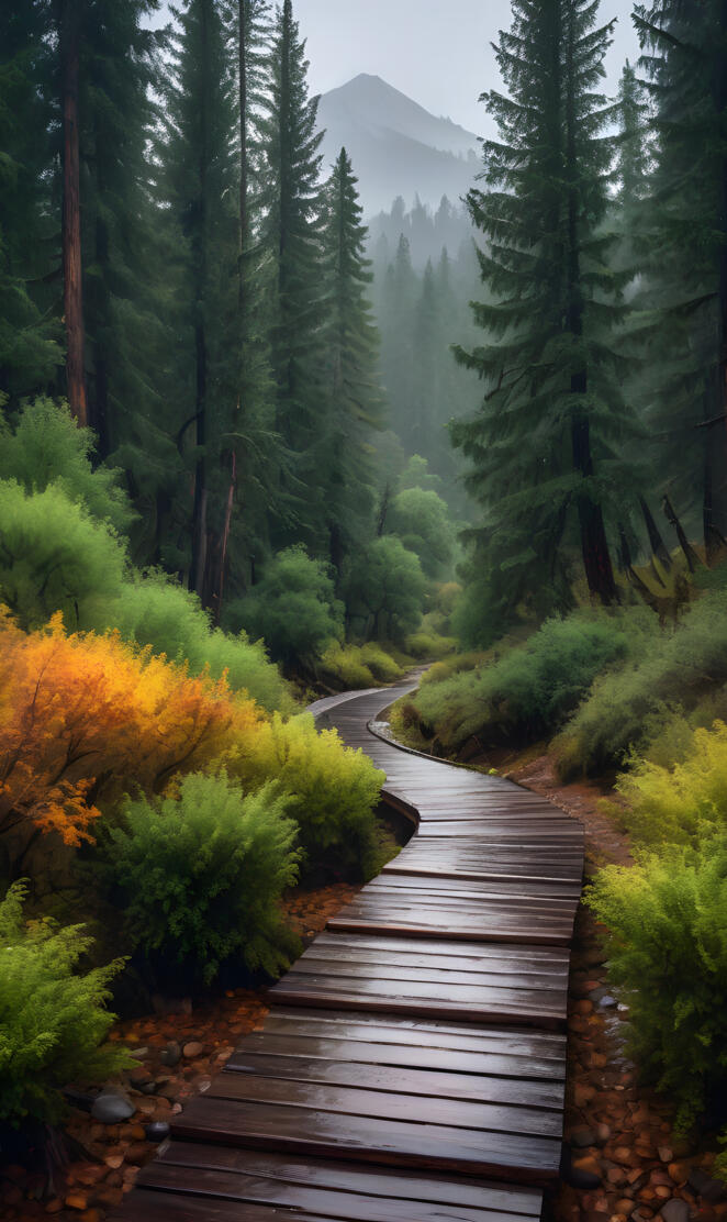 a wooden bridge over a forest