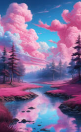 Tie-dye Pink and Blue Clouds over a Creek