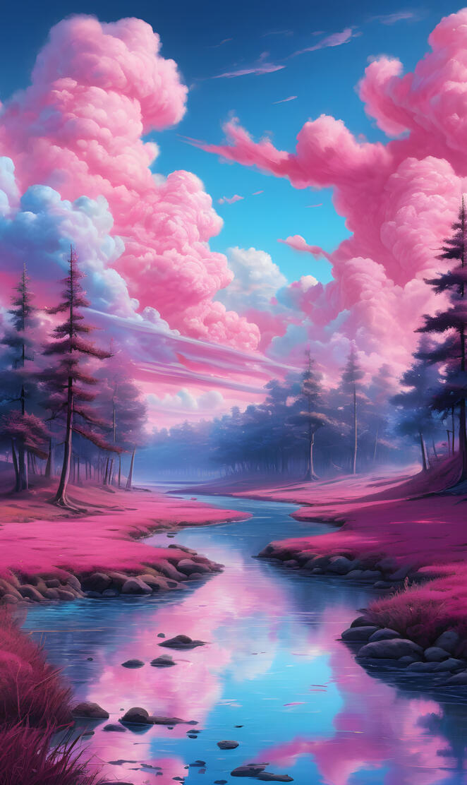 Tie-dye Pink and Blue Clouds over a Creek