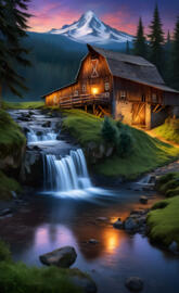 a barn with a stream running through and a snowy mountain in the