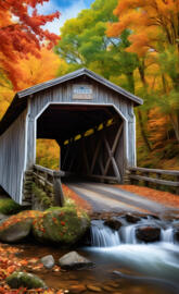 beautiful fall covered bridge creek flowing