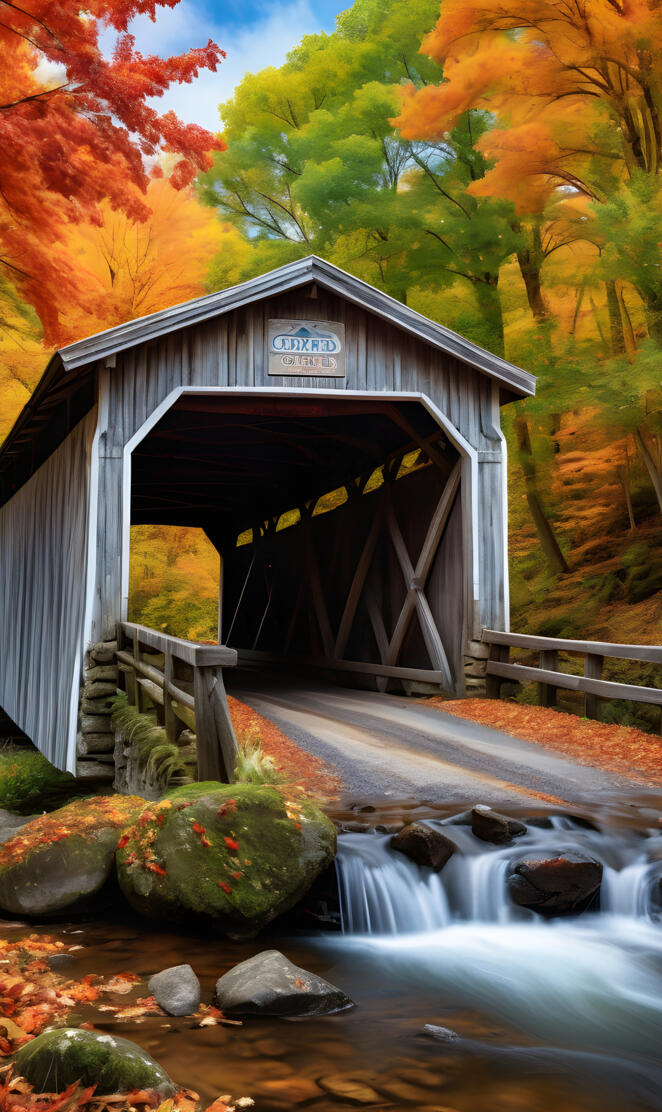 beautiful fall covered bridge creek flowing