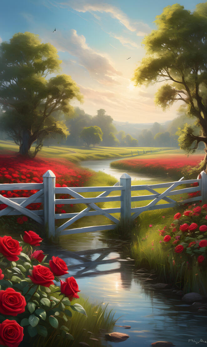 country creek white fence red roses