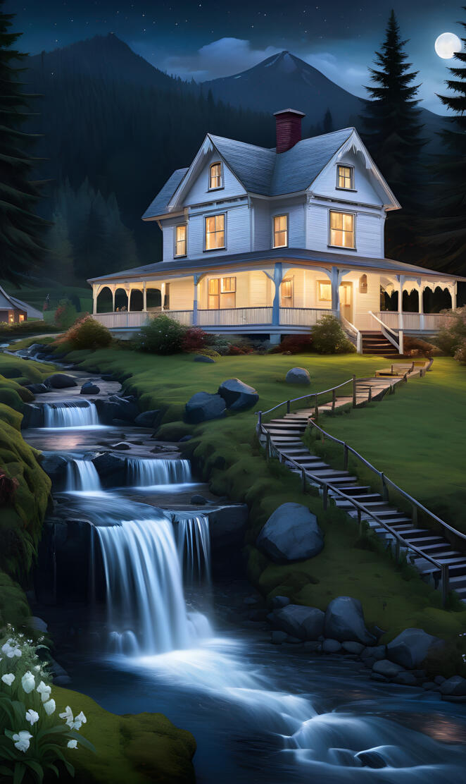 a house with a stream running through it