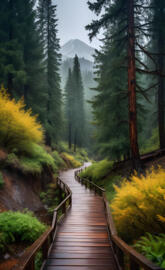 a wooden bridge in a forest