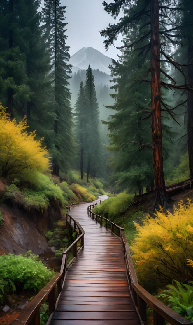 a wooden bridge in a forest