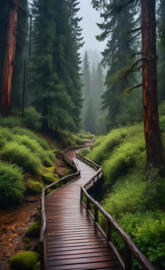 a wooden bridge in a forest