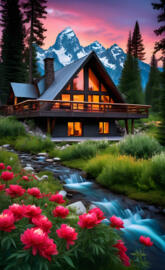 a house with a mountain in the background