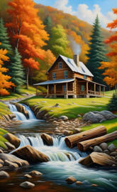 a house on a hill by a river with trees and rocks