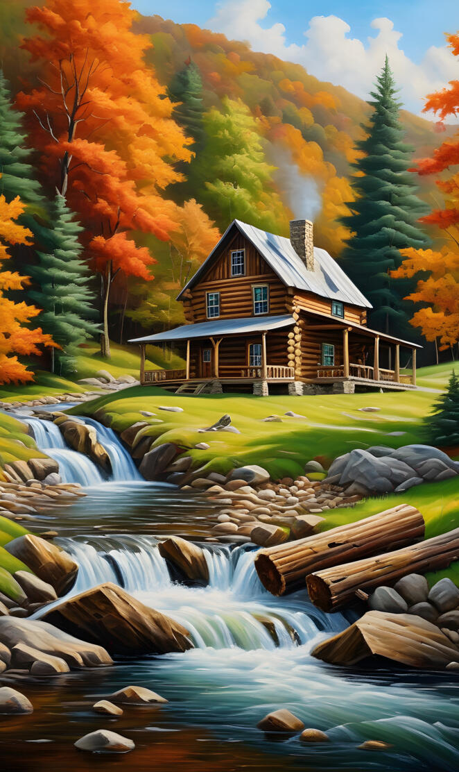 a house on a hill by a river with trees and rocks