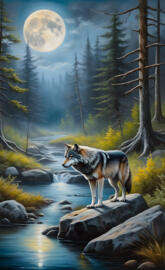 a wolf standing on a rock in a river with trees and a moon in the sky