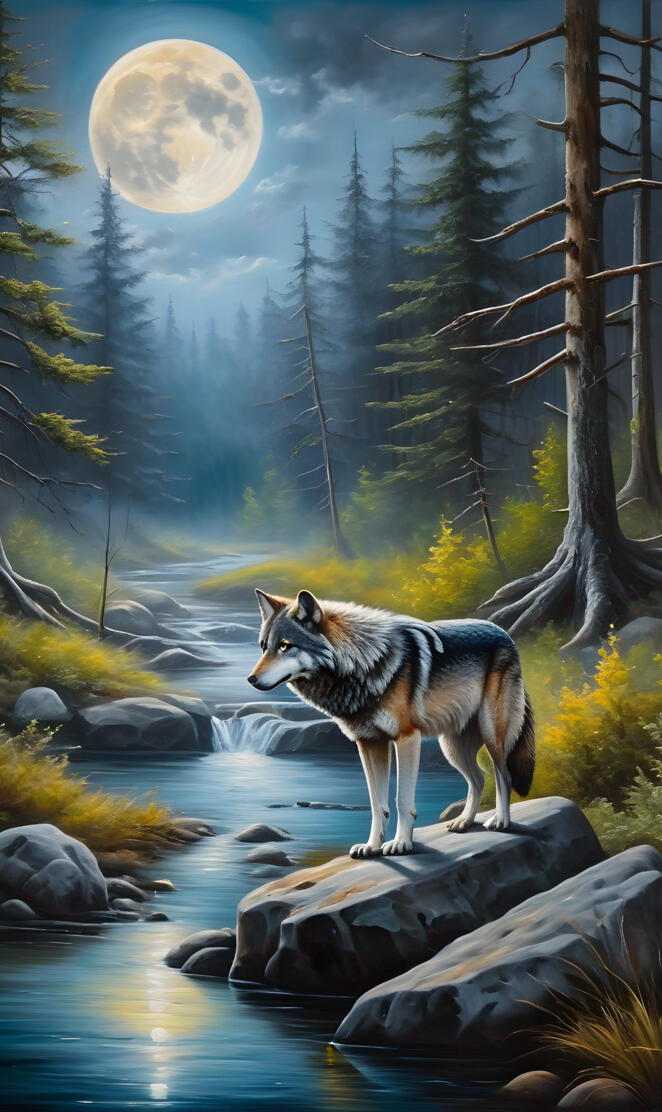 a wolf standing on a rock in a river with trees and a moon in the sky