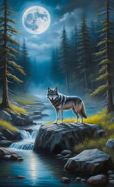 a wolf standing on a rock in a river with trees and a moon