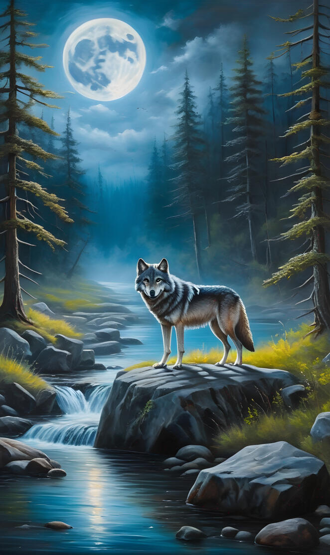 a wolf standing on a rock in a river with trees and a moon