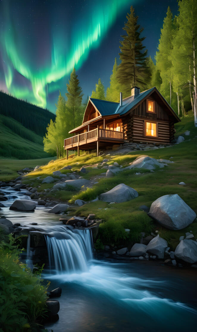 a cabin with a stream and a waterfall and trees in the background