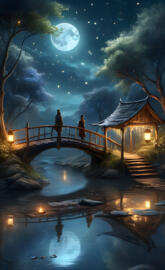 a bridge over water with a house and trees and a moon in the sky